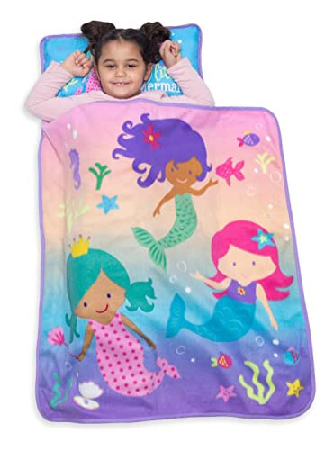 Baby Boom Funhouse Mermaid Kids Nap Mat Set – Includes Pillow and Fleece Blanket – Great for Girls Napping during Daycare or Preschool - Fits Toddlers, Pink + Purple - 43