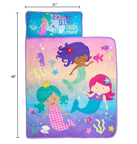 Baby Boom Funhouse Mermaid Kids Nap Mat Set – Includes Pillow and Fleece Blanket – Great for Girls Napping during Daycare or Preschool - Fits Toddlers, Pink + Purple - 37