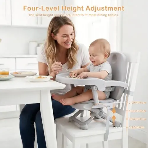 Baby Booster Seat for Dining Table with Removable Tray & Cushion, 3in1 Portable Toddler Booster Seat, 4 Height Adjustable Travel High Chair for Babies and Toddlers - 3