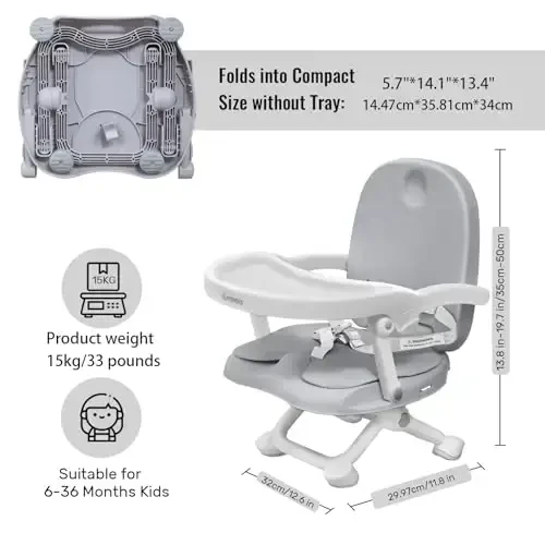 Baby Booster Seat for Dining Table with Removable Tray & Cushion, 3in1 Portable Toddler Booster Seat, 4 Height Adjustable Travel High Chair for Babies and Toddlers - 2