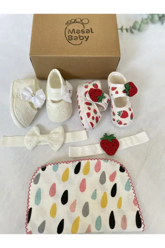 Baby Booties with Headband (GIFT SNAP-ON BIB / BURP CLOTH) /Newborn Gift-STRAWBERRY WITH FISTOON - 4