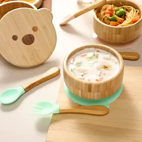 Baby Bowls with Lid, HBM Bamboo Suction Bowls for Baby and Spoon Set, 3PC Feeding Supplies Set for Infant, Toddlers, Detachable Silicone Suction Stay Put Base for Wooden Bowl (Mint) - 3