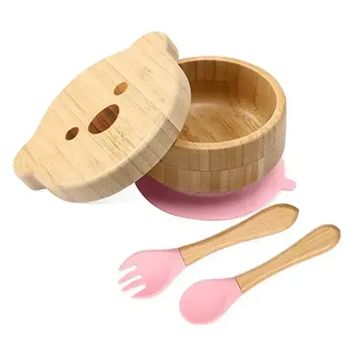 Baby Bowls with Lid, HBM Bamboo Suction Bowls for Baby and Spoon Set, 3PC Feeding Supplies Set for Infant, Toddlers, Detachable Silicone Suction Stay Put Base for Wooden Bowl (Pink) - 1