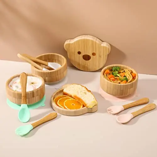 Baby Bowls with Lid,HBM Bamboo Suction Bowls for Baby and Spoon Set,3PC Feeding Supplies Set for Infant, Toddlers,Detachable Silicone Suction Stay Put Base for Wooden Bowl （Mint） - 4