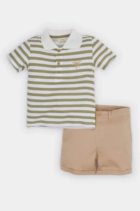Baby Boy 2-Piece Striped Polo Shirt Shorts Set C3439A525SM-Khaki - DEFACTO