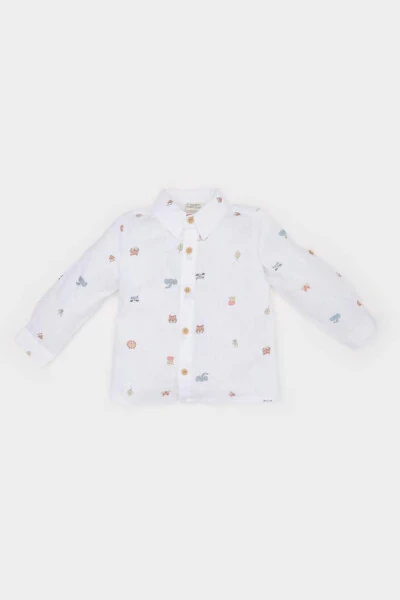Baby Boy Animal Patterned Flag Poplin Long Sleeve Shirt Ecru - DEFACTO