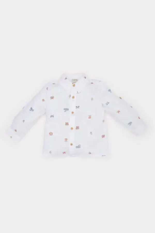 Baby Boy Animal Patterned Flag Poplin Long Sleeve Shirt Ecru - 1