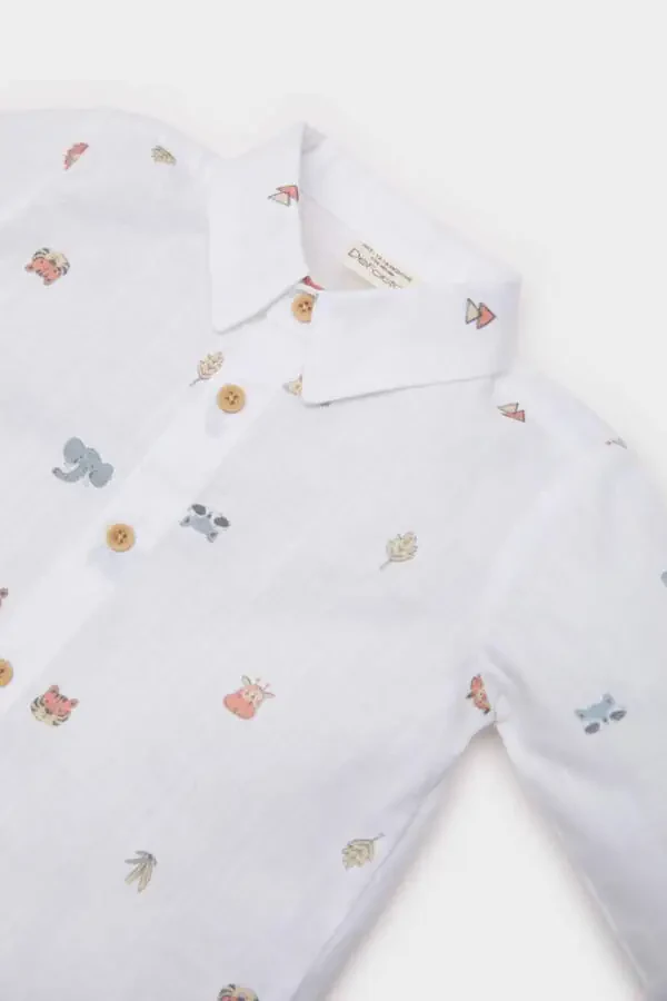 Baby Boy Animal Patterned Flag Poplin Long Sleeve Shirt Ecru - 2
