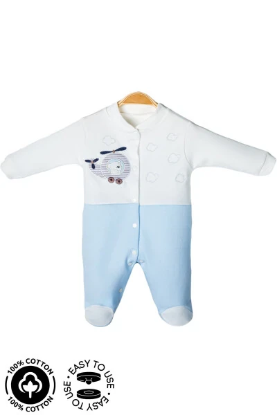Baby Boy Bear Embroidered 3-6-9 Month Knit Organic Cotton Romper with Booties - MINIEL
