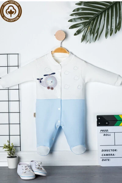 Baby Boy Bear Embroidered 3-6-9 Month Knit Organic Cotton Romper with Booties - MINIEL (1)