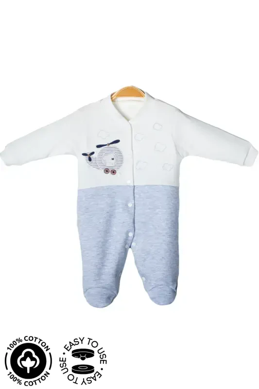 Baby Boy Bear Embroidered 3-6-9 Months Knitted Organic Cotton Footed Baby Romper-GRAY - MINIEL