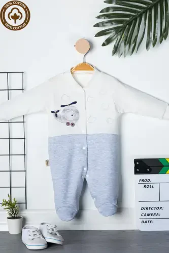 Baby Boy Bear Embroidered 3-6-9 Months Knitted Organic Cotton Footed Baby Romper-GRAY - 2