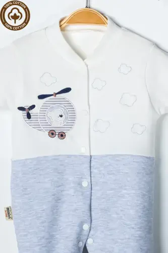 Baby Boy Bear Embroidered 3-6-9 Months Knitted Organic Cotton Footed Baby Romper-GRAY - 4