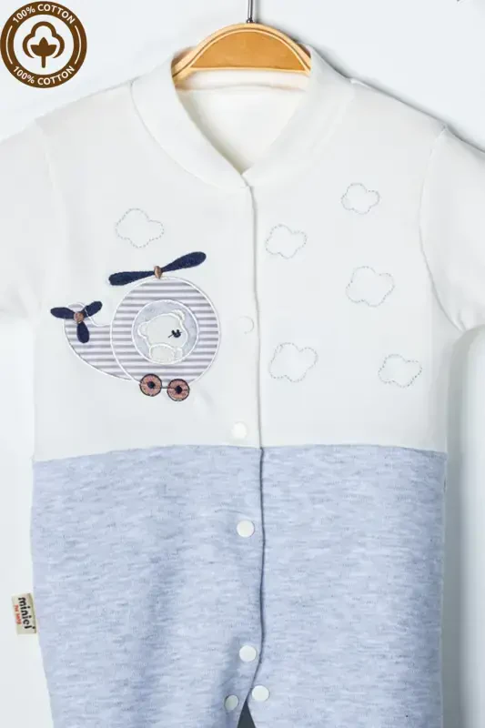 Baby Boy Bear Embroidered 3-6-9 Months Knitted Organic Cotton Footed Baby Romper-GRAY - 4