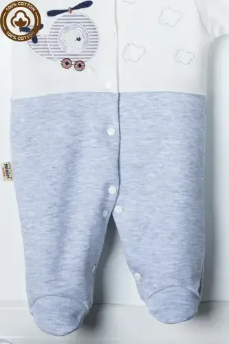 Baby Boy Bear Embroidered 3-6-9 Months Knitted Organic Cotton Footed Baby Romper-GRAY - 5