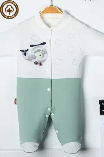 Baby Boy Bear Embroidered 3-6-9 Months Knitted Organic Cotton Footed Baby Romper-GREEN - MINIEL (1)