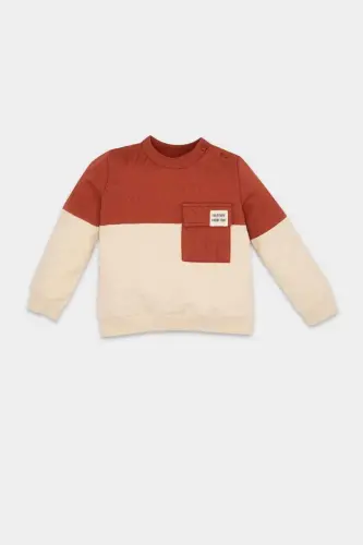 Baby Boy Bicycle Collar Color Blocked Soft Fluffy Sweatshirt-Dark Orange - 1