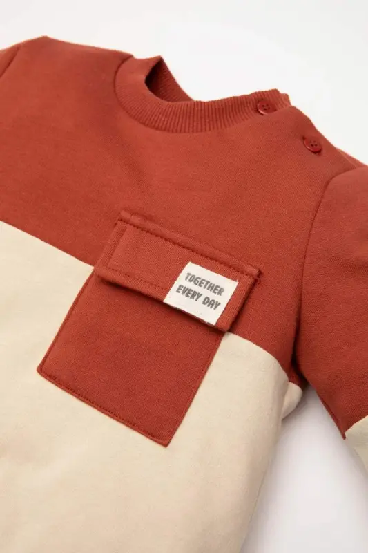 Baby Boy Bicycle Collar Color Blocked Soft Fluffy Sweatshirt-Dark Orange - 3