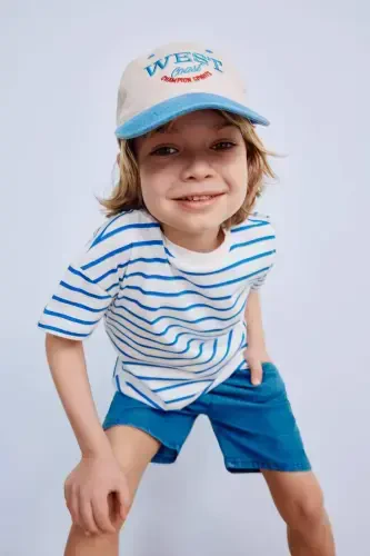 Baby Boy Bicycle Collar Striped Short Sleeve T-Shirt E6740A525SM-Blue - 1