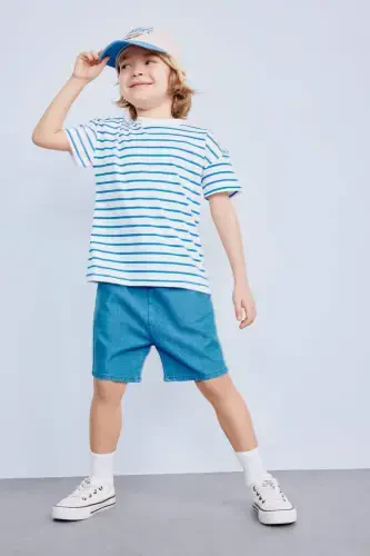 Baby Boy Bicycle Collar Striped Short Sleeve T-Shirt E6740A525SM-Blue - DEFACTO (1)