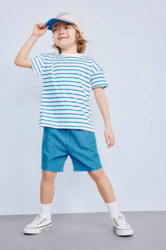 Baby Boy Bicycle Collar Striped Short Sleeve T-Shirt E6740A525SM-Blue - 2