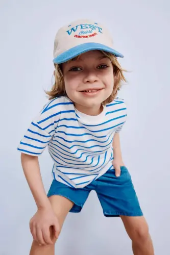 Baby Boy Bicycle Collar Striped Short Sleeve T-Shirt E6740A525SM-Blue 
