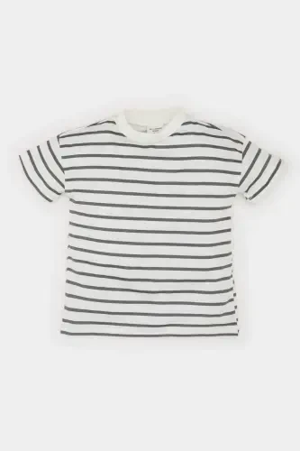 Baby Boy Bicycle Collar Striped Short Sleeve T-Shirt E6740A525SM-Ecru - 1