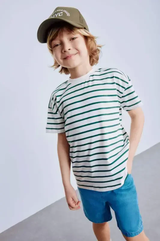 Baby Boy Bicycle Collar Striped Short Sleeve T-Shirt E6740A525SM-Green - 1