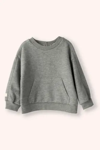 Baby Boy Crew Neck Pocket Detailed Gray-Melange Sweatshirt - 003-Gray-Melange - 1