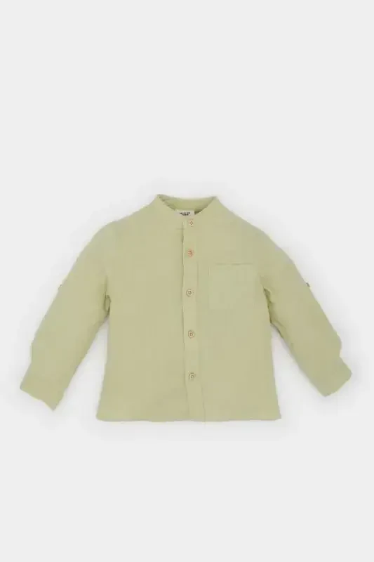 Baby Boy Flamed Poplin Long Sleeve Basic Plain Shirt-Mint - 1