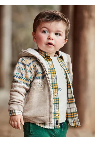 Baby Boy Fur Lined Zippered Knitted Pullover - 3