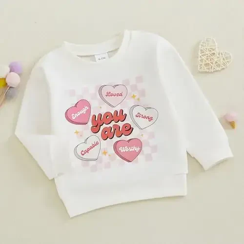 Baby Boy Girl Cute Long Sleeve Crew Neck Letters Heart Print Sweatshirt Infant Newborn Valentines Outfit - 3