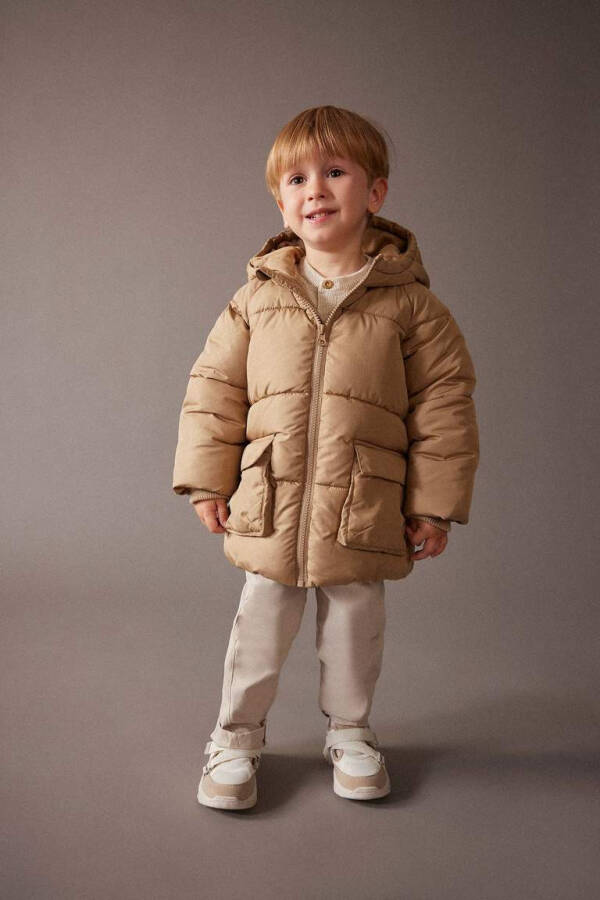 Baby Boy Hooded Fleece Lined Puffer Jacket Beige - 4