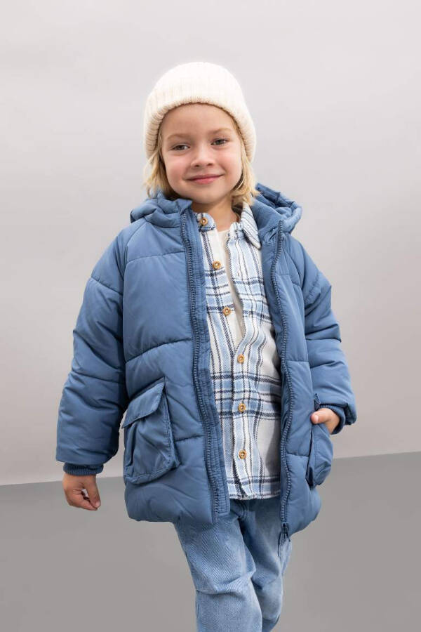 Baby Boy Hooded Fleece Lined Puffer Jacket Light Indigo - 1