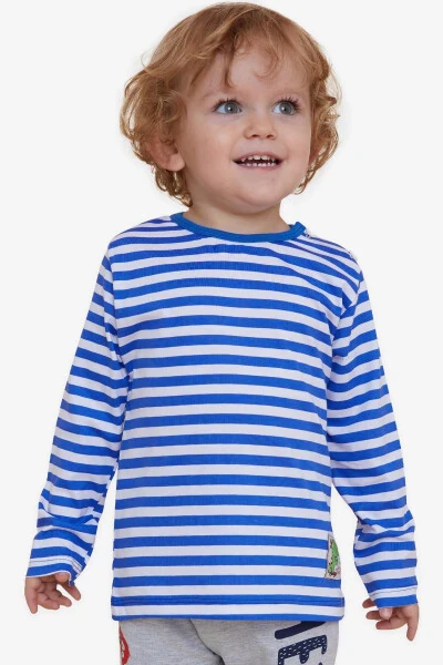 Baby Boy Long Sleeve T-Shirt Buttoned Striped Dino - Modazone