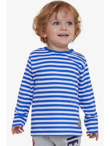 Baby Boy Long Sleeve T-Shirt Placket Striped Dinosaur Printed Dark Blue (9 Months-2 Years)-Blue - 1