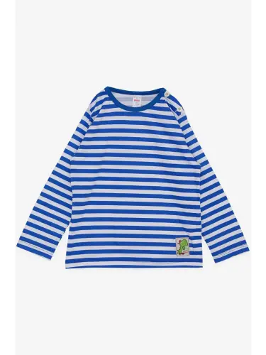 Baby Boy Long Sleeve T-Shirt Placket Striped Dinosaur Printed Dark Blue (9 Months-2 Years)-Blue - 4