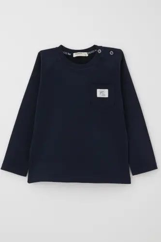 Baby Boy Long Sleeve T-Shirt Pocket Detailed Cool Letter Crest 9 Months-3 Years, Navy Blue - Navy Blue - 1