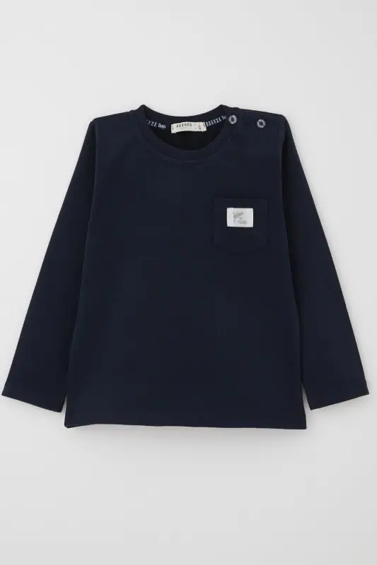Baby Boy Long Sleeve T-Shirt Pocket Detailed Cool Letter Crest 9 Months-3 Years, Navy Blue - Navy Blue - 1
