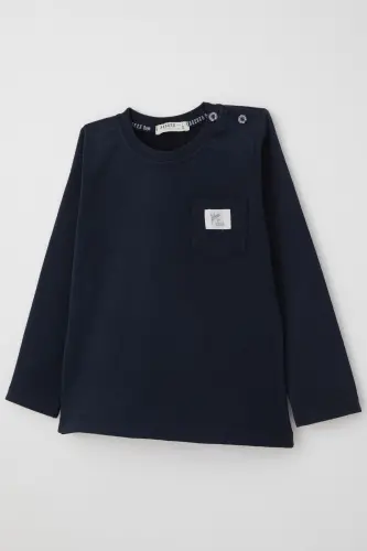Baby Boy Long Sleeve T-Shirt Pocket Detailed Cool Letter Crest 9 Months-3 Years, Navy Blue - Navy Blue - 3