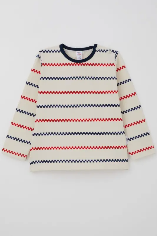 Baby Boy Long Sleeve T-Shirt Snap Minimal Marine Striped 9 Months-3 Years, Cream - Cream - 4