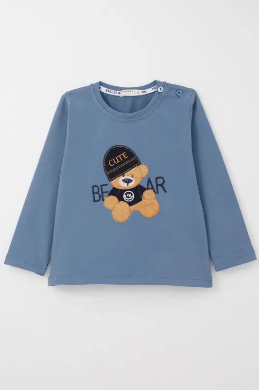 Baby Boy Long Sleeve T-Shirt with Cool Bear Embroidery 9 Months-3 Years, Indigo - Indigo - 1