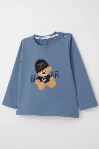 Baby Boy Long Sleeve T-Shirt with Cool Bear Embroidery 9 Months-3 Years, Indigo - Indigo - 3