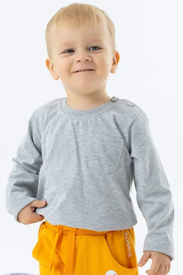 Baby Boy Long Sleeve T-Shirt with Pocket 9 Months-3 Years, Gray - 1