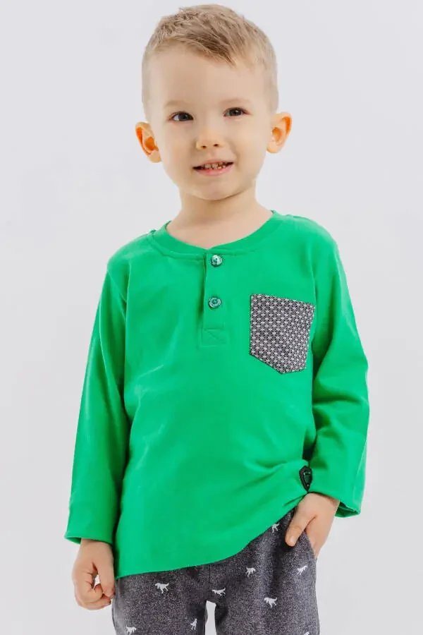 Baby Boy Long Sleeve T-Shirt with Pocket, Button and Emblem - 1