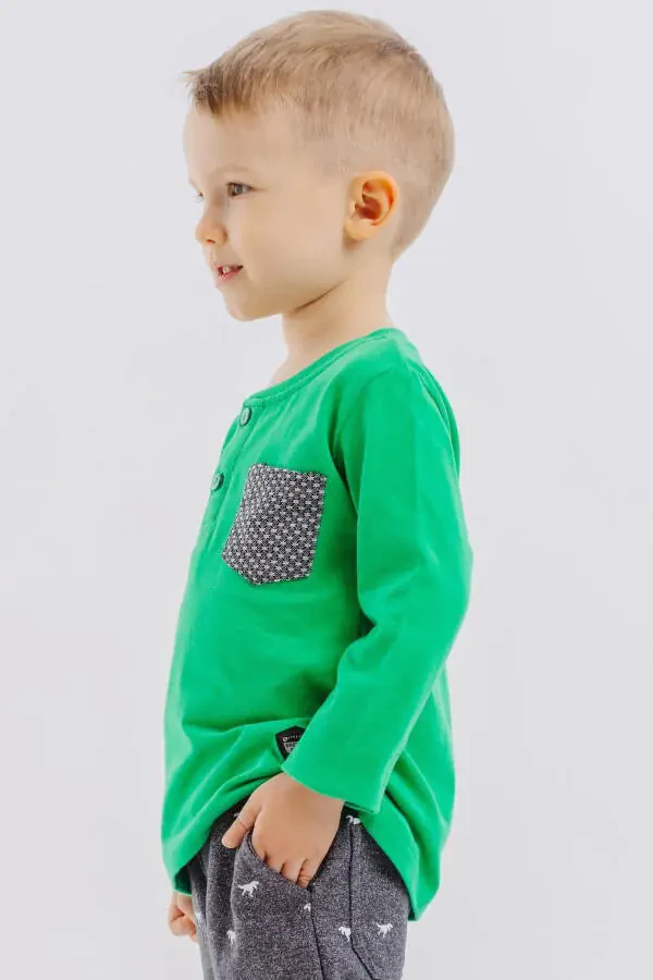 Baby Boy Long Sleeve T-Shirt with Pocket, Button and Emblem - 3