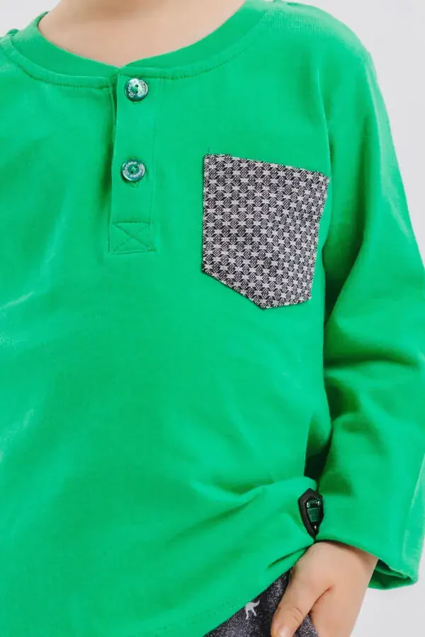 Baby Boy Long Sleeve T-Shirt with Pocket, Button and Emblem - 4