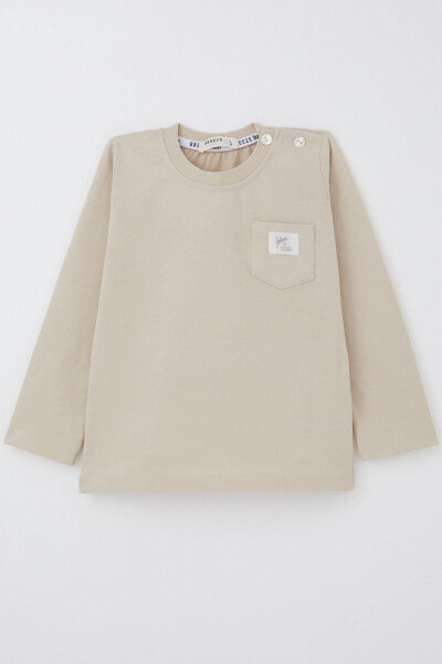 Baby Boy Long Sleeve T-Shirt with Pocket Detail, Cool Letter Applique, 9 Months-3 Years, Beige - 1
