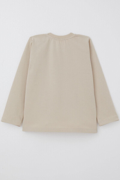 Baby Boy Long Sleeve T-Shirt with Pocket Detail, Cool Letter Applique, 9 Months-3 Years, Beige - 2