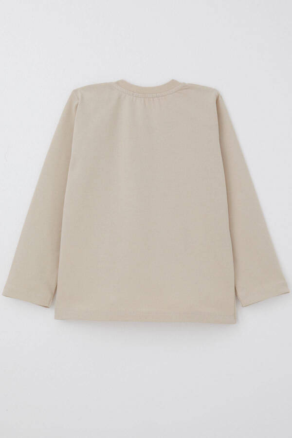 Baby Boy Long Sleeve T-Shirt with Pocket Detail, Cool Letter Applique, 9 Months-3 Years, Beige - 2